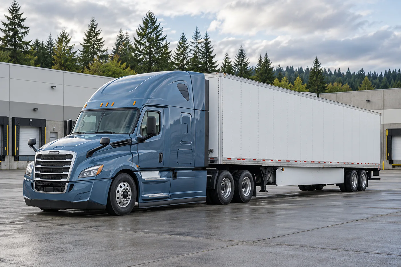 AI-generated slate-blue American semi-truck at a Washington-inspired freight yard