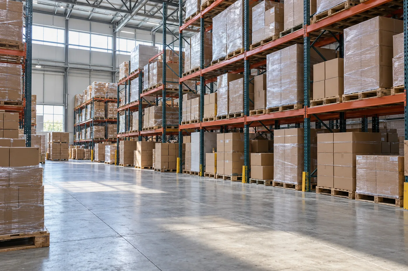 AI-generated warehouse staging area with cartons, racks and natural window light