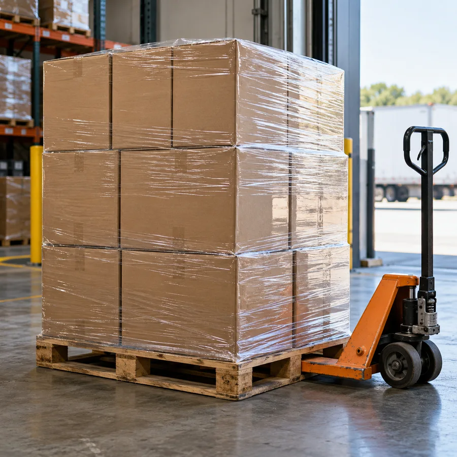 AI-generated wrapped cartons and an orange pallet jack beside a warehouse loading door